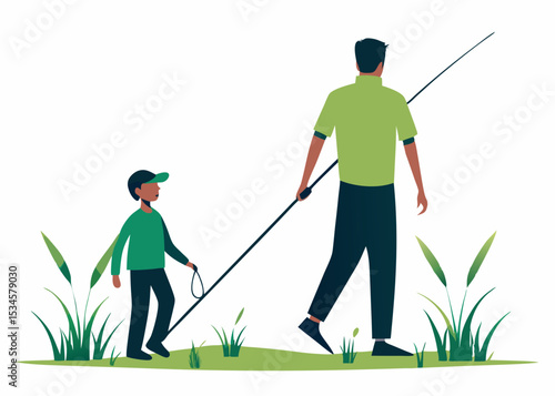 Father and son walking with fishing rod, outdoors, for family blogs