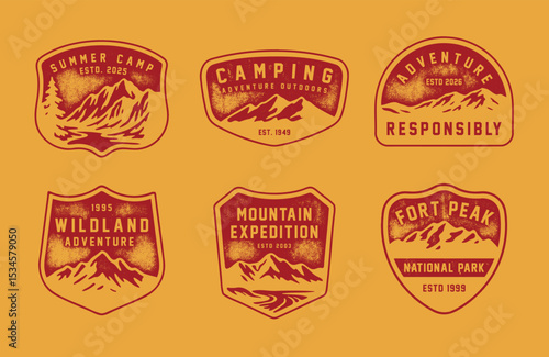 Set of vintage outdoor camping badges featuring various vector. Vintage print Adventure retro badge for t-shirt, poster or geographic theme. 