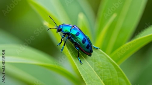 Wallpaper Mural Iridescent beetle on a bright green leaf Torontodigital.ca