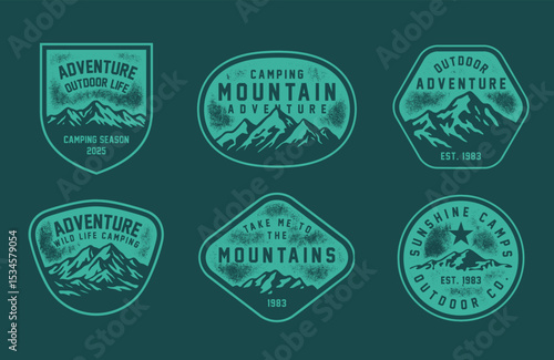 Set of vintage outdoor camping badges featuring various vector. Vintage print Adventure retro badge for t-shirt, poster or geographic theme. 