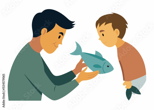 Father and son bonding over a freshly caught fish, a happy memory, for family blogs