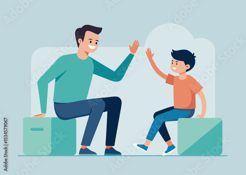 Happy father and son high five, celebrating a successful fishing trip, with copy space