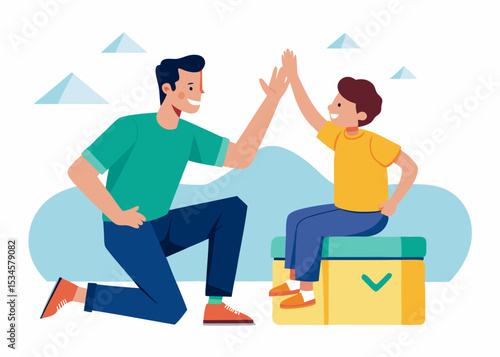 Happy father and son giving high five, celebrating success, outdoors, for family blogs