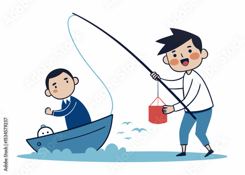 Man fishing for businessman in boat, illustration, for blog