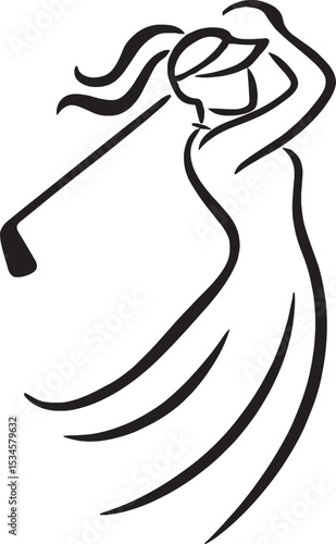 Feminine outline swinging club in flowy style, black icon on white background
