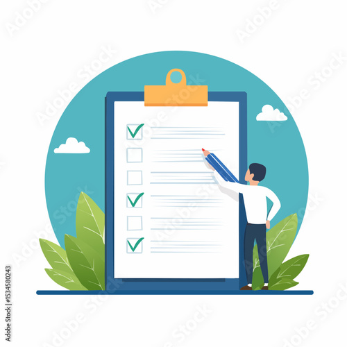Complete checklist or finishing checkbox, task done within deadline, complete tasks list or project, approval or achievement concept, businessman put tick on complete checklist on paper clipboard