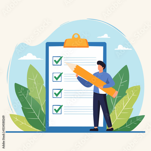 Complete checklist or finishing checkbox, task done within deadline, complete tasks list or project, approval or achievement concept, businessman put tick on complete checklist on paper clipboard