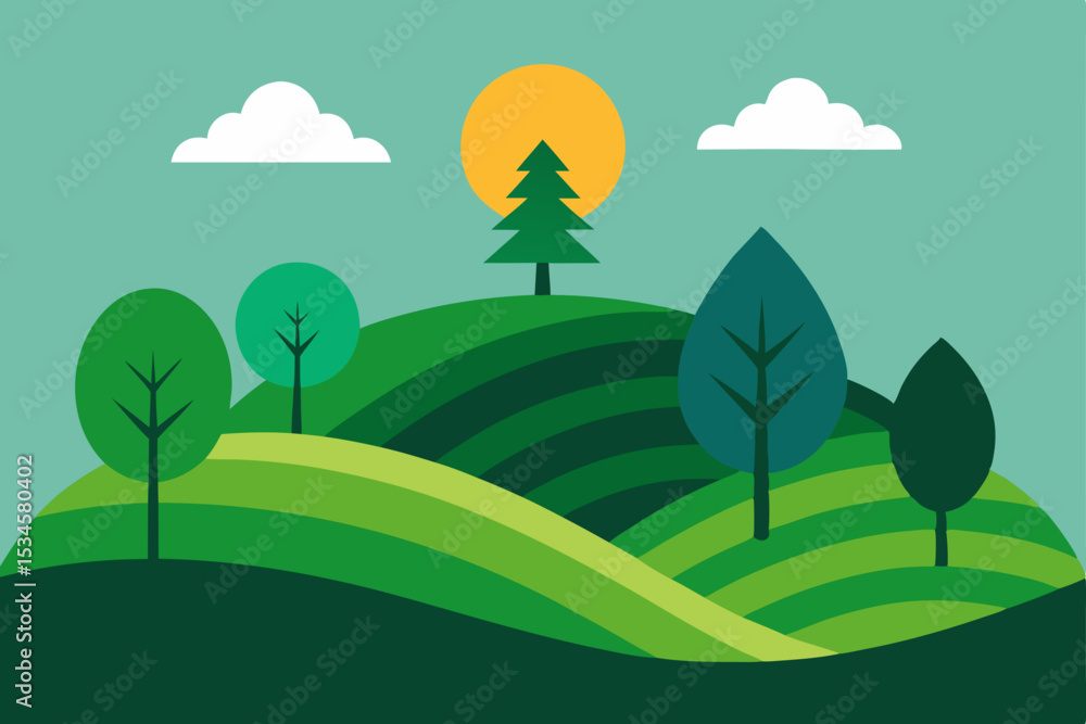 Fototapeta premium Serene Green Hills A Summer Landscape Illustration of Rolling Hills, Lush Trees, and Sunny Skies