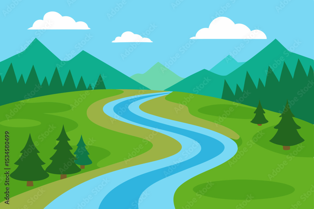 Obraz premium Serene River Winding Through Majestic Mountains A Picturesque Landscape Illustration