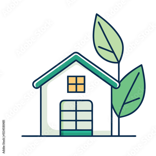Simple vector line art of an eco-friendly house with leaf or solar symbols. Ideal for sustainability apps, green building, smart home tech, and environmental projects.