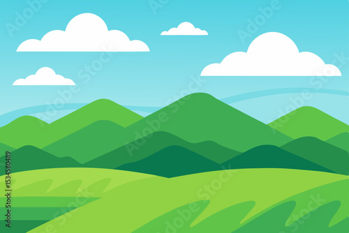 Serene Green Mountain Landscape Rolling Hills and Clear Blue Sky