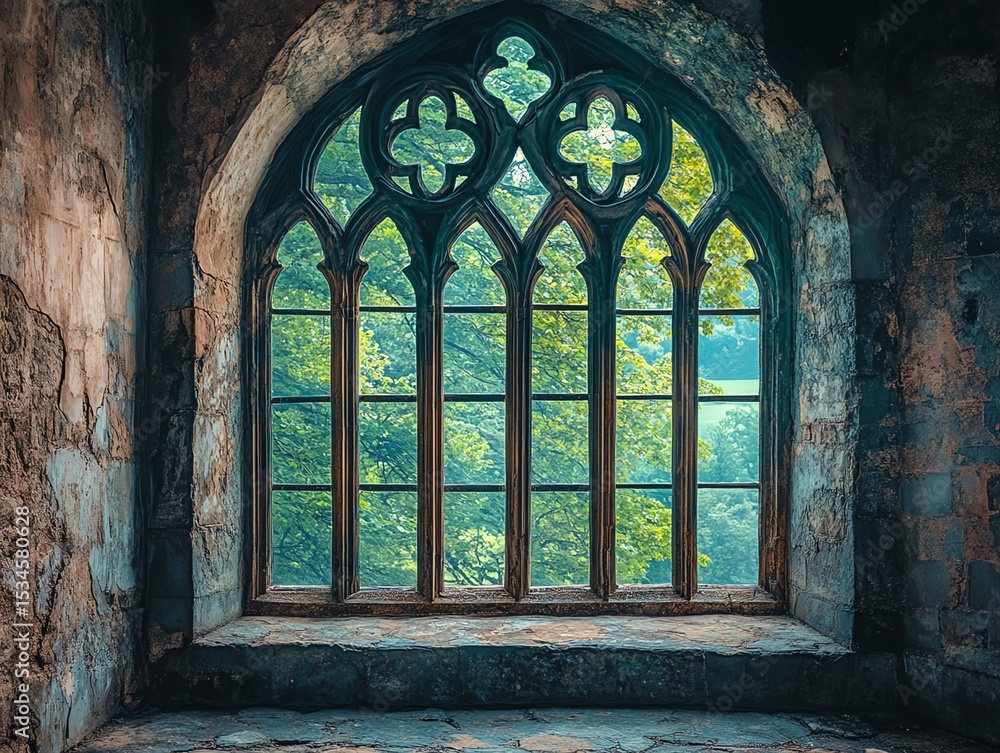 Fototapeta premium Historic Gothic Arch Window with Stained Glass and Green Tree View in Old Stone Building