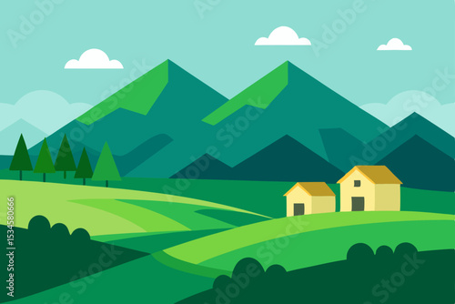 Serene Mountain Landscape Picturesque Green Hills and Farmhouses