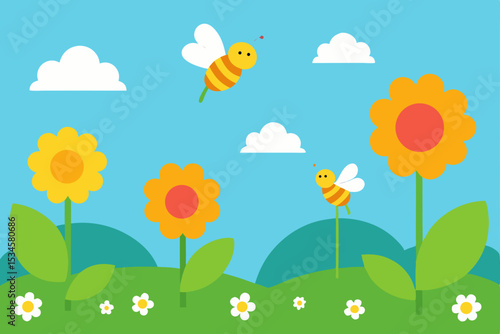 Cute Bees and Sunny Flowers A Springtime Illustration
