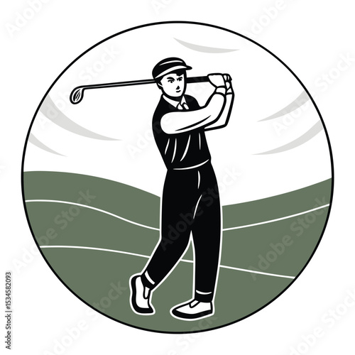 Golf Player Swinging Club Green Background Black White Illustration Vintage Style