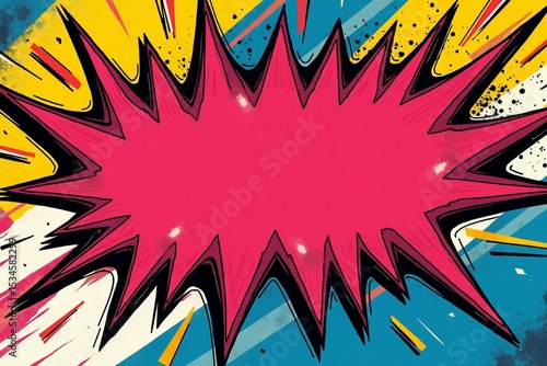 Pop art style illustration background with pink star burst explosion. Vibrant comic book design. Retro style graphic design featuring pink yellow blue black and white colors and geometric forms.
