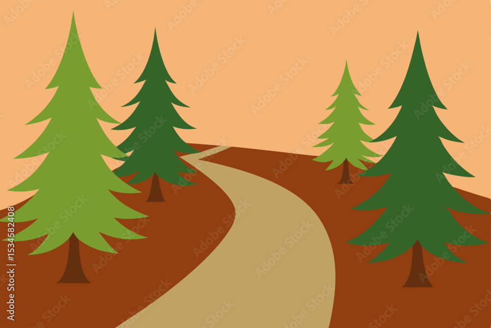 Naklejka premium Winding Path Through Evergreen Forest A Serene Nature Illustration