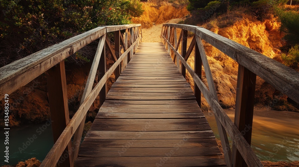 Obraz premium Scenic Wooden Walkway to Praia do Camilo: A Stunning Algarve Beach near Lagos, Embracing Summer Nature and Coastline Beauty