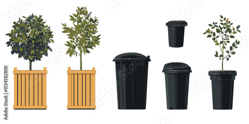 Solid black shadow silhouette icon set featuring trees and trash bins for versatile design applications