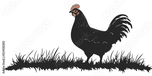 Solid black silhouette of a chicken standing in grass on a white background in a minimalist style