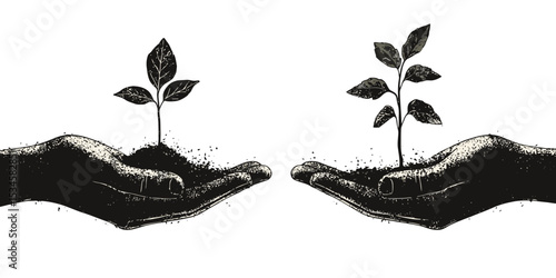 Hands holding growing plants representing nurturing and care in a minimalist silhouette design
