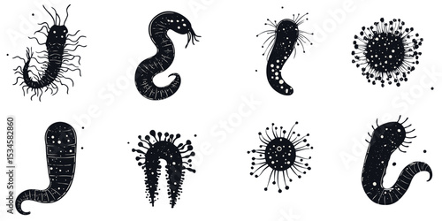 Black shadow silhouette icon set of microorganisms in various shapes and sizes, suitable for scientific illustrations or graphic design projects
