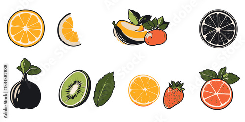 Outline set of food scraps ideal for composting purposes with various fruits and plants