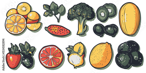 Food scraps for compost bin with illustrations of fruits and vegetables