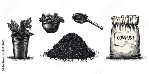 Set of finished compost silhouette icons showcasing garden elements for eco-friendly projects