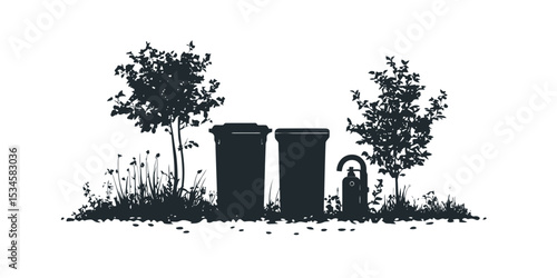 Shadow silhouette icons depicting various composting systems with plants and bins in a garden setting