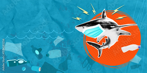 Trendy halftone pop art collage. Shark wearing medical mask. Ocean pollution concept for marine conservation and wildlife protection campaigns. Negative space for text