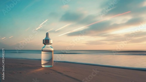 Serene beach scene at sunset featuring a clear dropper bottle on the sand, waves gently rolling in