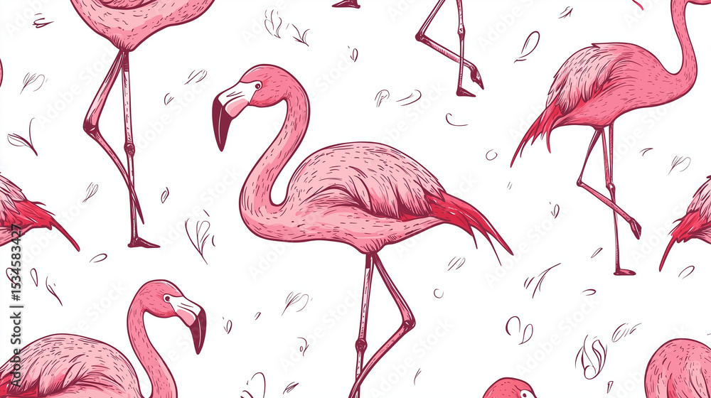Obraz premium Flamingo birds in various poses are arranged in a trendy vector seamless pattern, hand drawn in doodle style and isolated on a white background for summer textile prints.