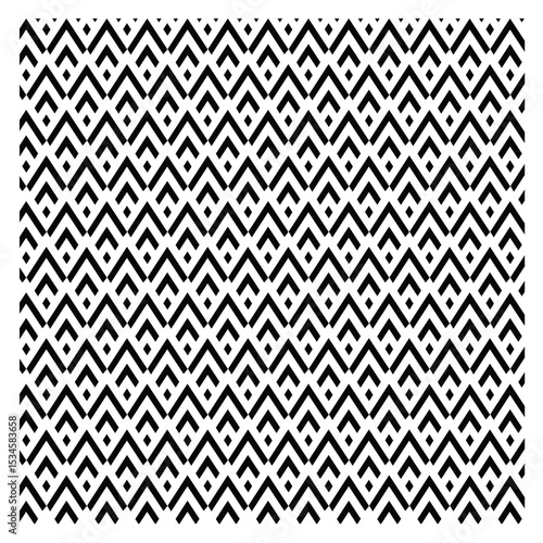 black and white seamless pattern, repeating pattern, black V-shaped elements, black diamond shapes, black V-shapes or chevrons that point upwards, brick-like, larger rhombus or lozenge shapes