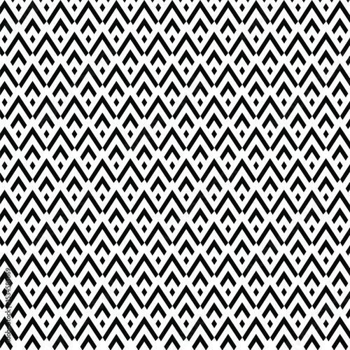 black and white seamless pattern, repeating pattern, black V-shaped elements, black diamond shapes, black V-shapes or chevrons that point upwards, brick-like, larger rhombus or lozenge shapes