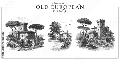 Set of traditional old European landscapes with castles, farms, hills and valleys. Tuscany, Provencal or Spanish views. Vintage engraving or ink drawing style vector illustration.