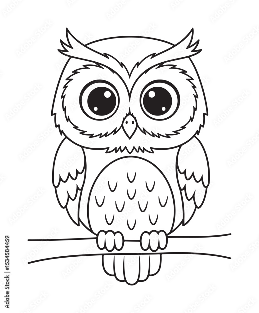 Fototapeta premium Cute Owl Coloring Page with Branch, a Simple Black and White Illustration