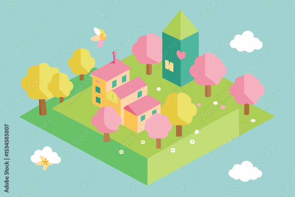 Fototapeta premium Charming Spring Village Isometric Illustration of a Quaint Town with Blooming Cherry Trees