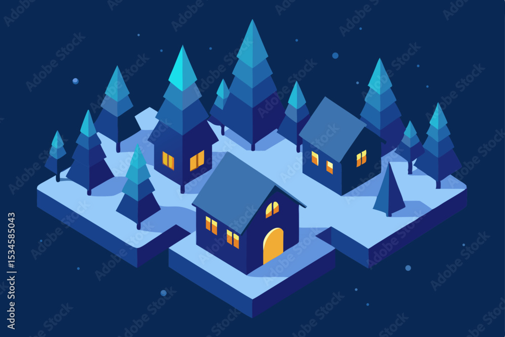 Fototapeta premium Cozy Winter Village Isometric Illustration of Snowy Houses and Pine Trees