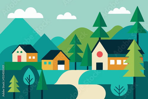 Serene Mountain Village A Peaceful Landscape Illustration