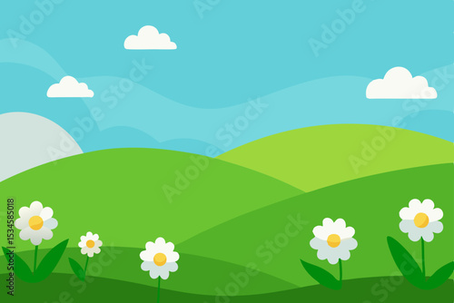 Serene Rolling Hills Landscape A Springtime Vista with Daisies
