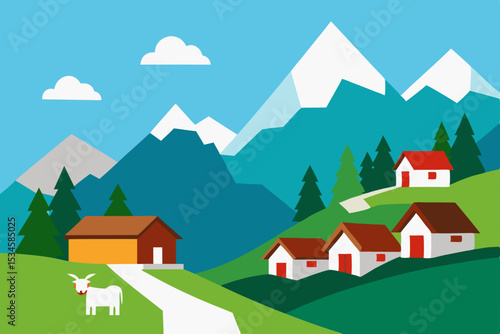Serene Mountain Village Picturesque Alpine Landscape Illustration