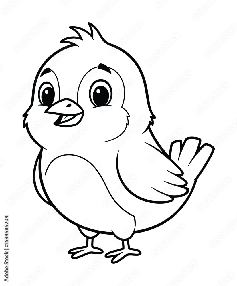 Black and white line drawing of a cute and cartoon bird Black and white line drawing of a cute and cartoon bird