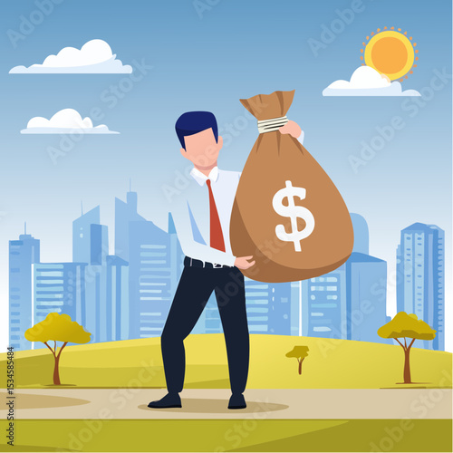 Debt burden, financial obligation or loan payment, heavy load of money failure, mortgage or borrowing money problem concept, tried businessman carrying big debt money bag losing money banknote