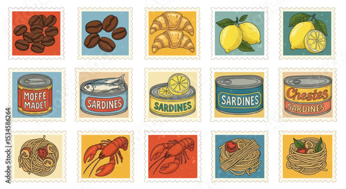 Vintage Food Illustration Collection Coffee Beans, Croissants, Lemons, Sardines, Pasta, and Lobster