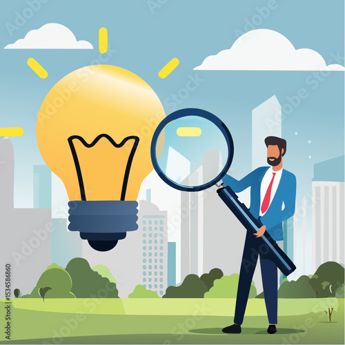 Business viability checking, validate idea by market research to see possibility to success in real world, evaluate profitable of business idea, businessman with magnifier analyze lightbulb ide
