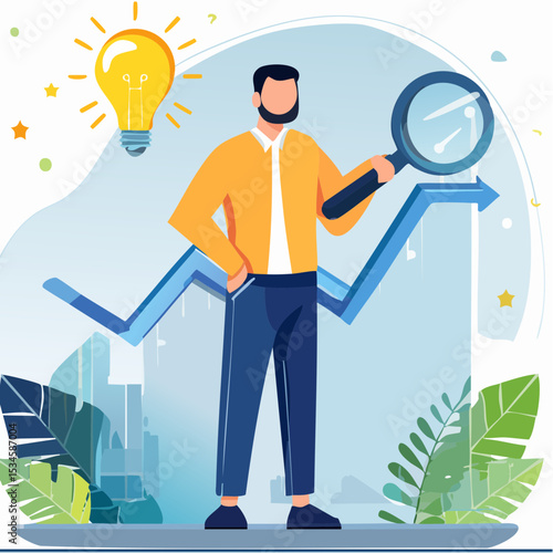 Business viability checking, validate idea by market research to see possibility to success in real world, evaluate profitable of business idea, businessman with magnifier analyze lightbulb ide