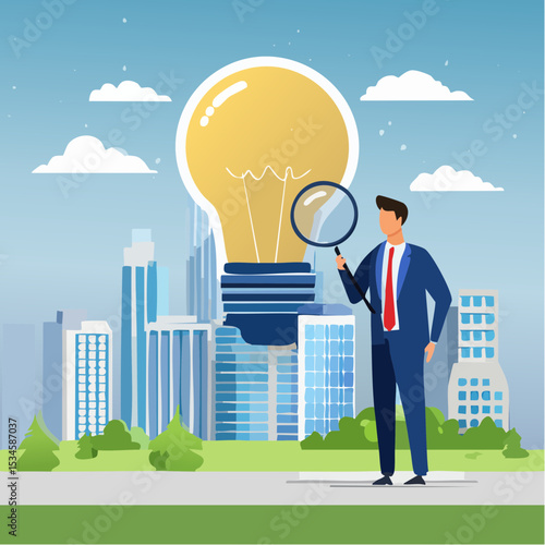 Business viability checking, validate idea by market research to see possibility to success in real world, evaluate profitable of business idea, businessman with magnifier analyze lightbulb ide