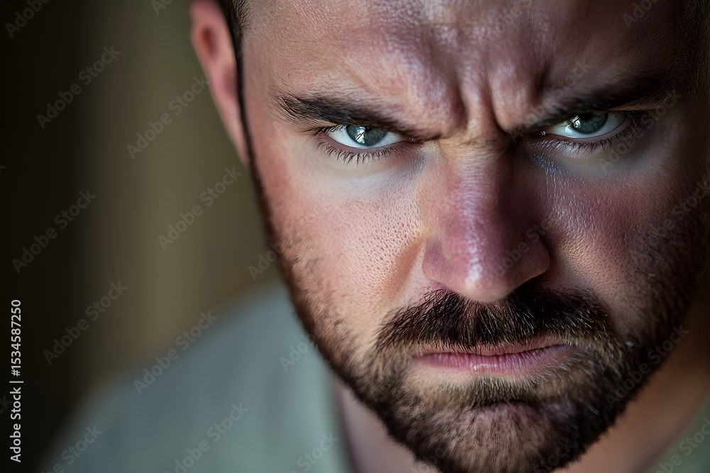 Fototapeta premium mężczyzna, portret, zły mężczyzna, emocje, intensywny wyraz twarzy, zaciśnięta szczęka, zmarszczone brwi, naturalne światło, miękkie światło, fotografia komercyjna, profesjonalna fotografia, nowoczesn