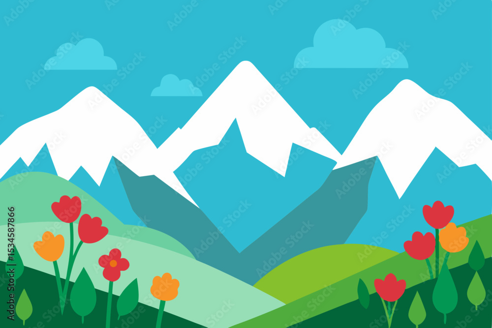 Fototapeta premium Serene Mountain Landscape Spring Blossoms and Majestic Peaks